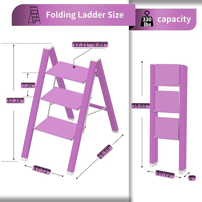 3 Step Lightweight Folding Ladder for Home, 330lbs Aluminum Step Ladder Anti-Slip for Kitchen, Step Stool Foldable Adults for Closet, 330lbs - Light Purple