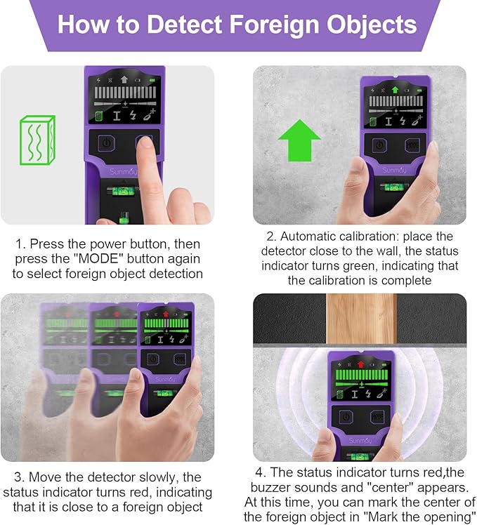 SUNMAY Stud Finder Wall Scanner - 7 in 1 Stud Detector Center Finder for Wood Metal AC Wire Joist Pipe Detection, Electronic Stud Sensor with Laser Level, LCD Display, Bubble Level & Ruler