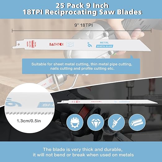 25 Pack 9 Inch 18 Tpi Reciprocating Saw Blades for Sheet Metal, Pipes, Nails Cutting, Profiles Cutting, Bi-Metal Sawzall Blades with 8% Cobalt for Longer Life and Faster Cutting Speed