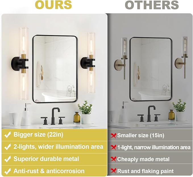 2 Pack 22-Inch Gold and Black Wall Sconces Set of Two, 22" Vanity Lights for Bathroom with Clear Glass, Sconces Hardwired Black and Gold Bathroom Sconces Set of 2 for Mirror Living Room