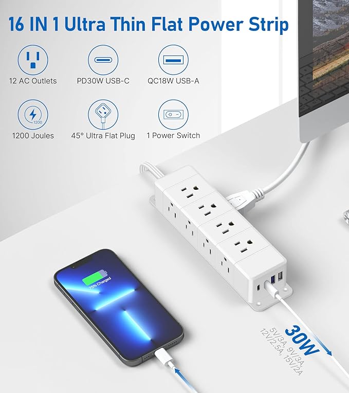 30W USB C Power Strip Surge Protector,4 Side 12 Outlets Desk Power Strip with Ultra Thin Flat Plug,PD Fast Charing,2 USB-C,2 USB-A(USB Total 40W),10ft Flat Extension Cord with Multiple Outlets,1200J