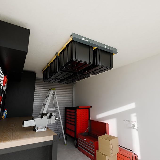 HANDT Overhead Garage Storage Rack, Connectable Heavy Duty Metal Ceiling Rails For Garage Storage Organization Shelving System, Hanging Racks For Tote Containers, Supports Up To 6 Bins, 4 Sets Gray