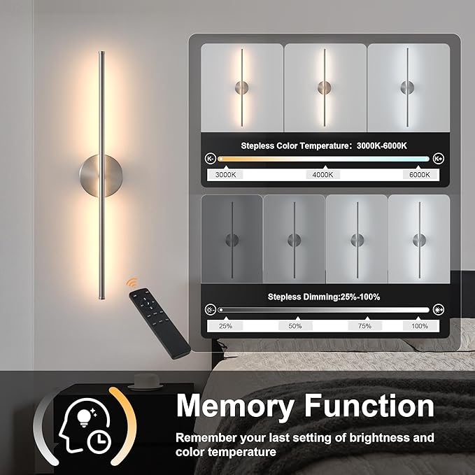 Removable Battery Operated Wall Sconces with Remote Control 350°Rotate LED Wireless Wall Lights with 3 Color Temperatures & Dimming for Bedroom, Hallway,28.3 Inch (2 Pack)