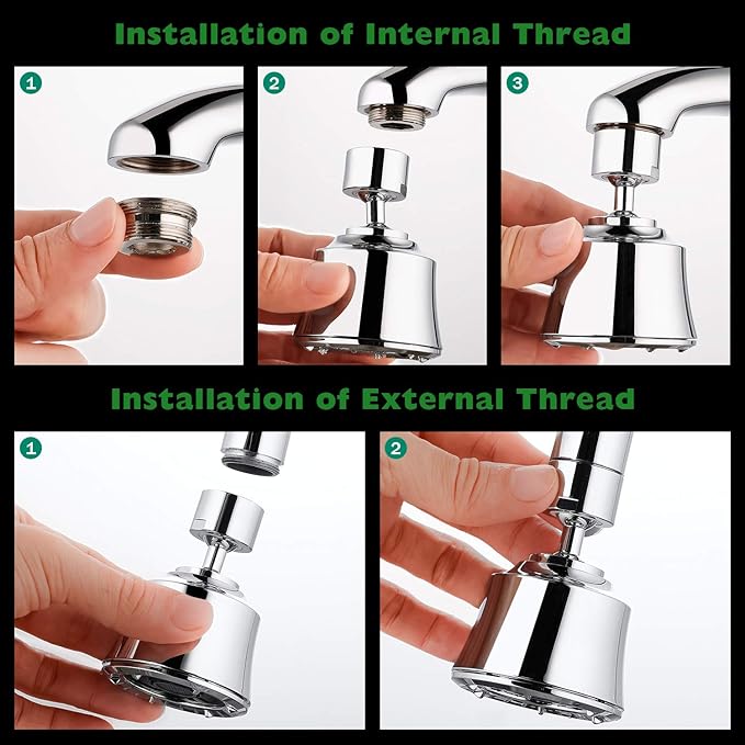 Faucet Sprayer Attachment with 2 Ball Joint, Big Angle Swivel Kitchen Sink Faucet Head Replacement, 4 Spray Models, 55/64-27UNS Famale Thread, Male Thread Adapter Included, Polished Chrome