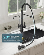 FORIOUS Black Kitchen Faucet with Purfied Water Filter, 2 in 1 Commercial Stainless Steel Pull Down Sink Faucet and Drinking Water Faucet 2 Handle for Pot Filler Kitchen Sink Farmhouse Bar