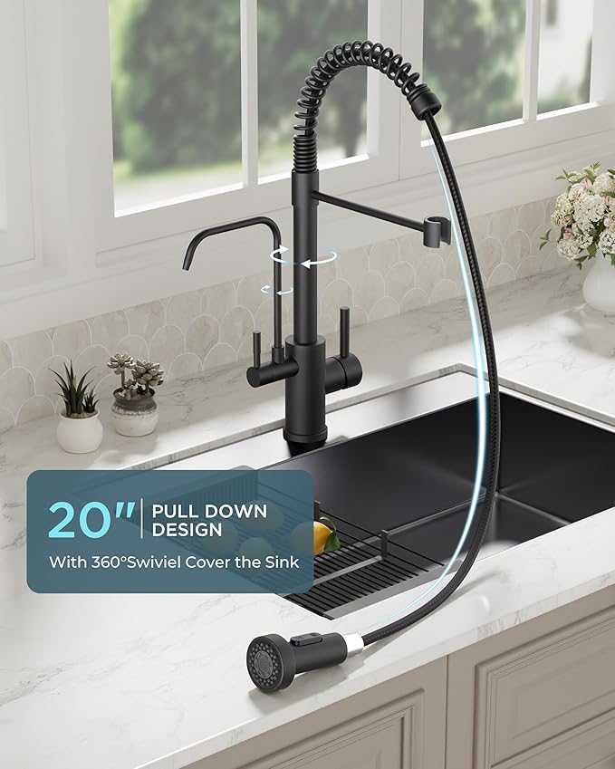 FORIOUS Black Kitchen Faucet with Purfied Water Filter, 2 in 1 Commercial Stainless Steel Pull Down Sink Faucet and Drinking Water Faucet 2 Handle for Pot Filler Kitchen Sink Farmhouse Bar