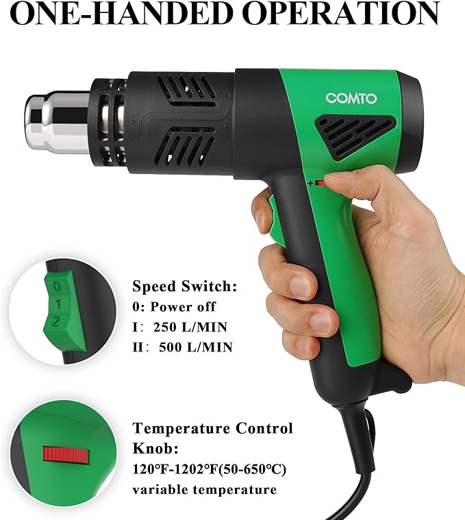 1800W Industrial Heat Gun, Fast Heating 122℉-1202℉ Variable Temperature Control Overheat Protection 2 Speed Air Flow with 4 Nozzles for Crafts, Shrinking Tubing, Vinyl Wrap (SG-1004)