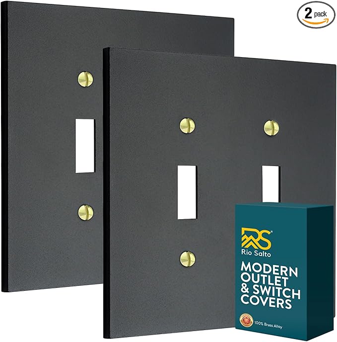 RIO SALTO Modern Metal Matte Black Double Toggle Light Switch Cover 2-PACK Metal Decorative Toggle Switch Covers Wall Plate Outlet Cover Black Wall Electric Socket Double Togle - Midsize 2 Gang
