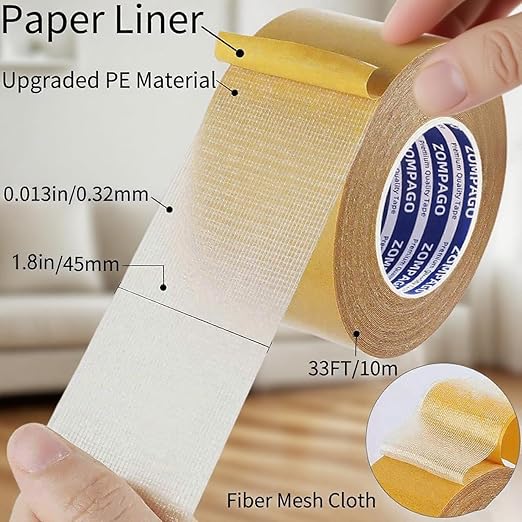 Heavy Duty Double Sided Mounting Tape, 1.8inx33FT, Clear Mesh Grip, Extra Strong Adhesive for Carpets, Wall Mounting, Picture Hanging and DIY Projects,Hand Tearable,Weatherproof