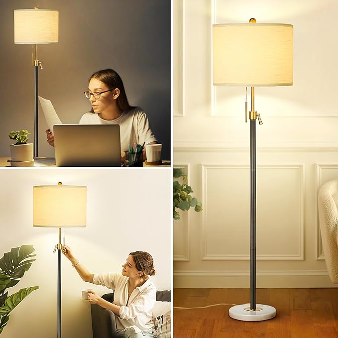 Floor Lamp for Living Room Adjustable Tall Standing Lamp, 3-Way Dimmable Floor Lamp for Bedroom Office, Black Gold Lamp with Marble Base and White Linen Shade