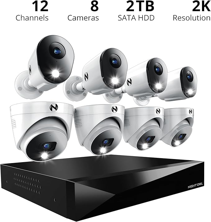 Night Owl 2-Way Audio 12 Channel DVR Video Home Security Camera System with 8 (4 Bullet 4 Dome)- 12 Channel 8 wired channels, 4 wireless wifi compatible)