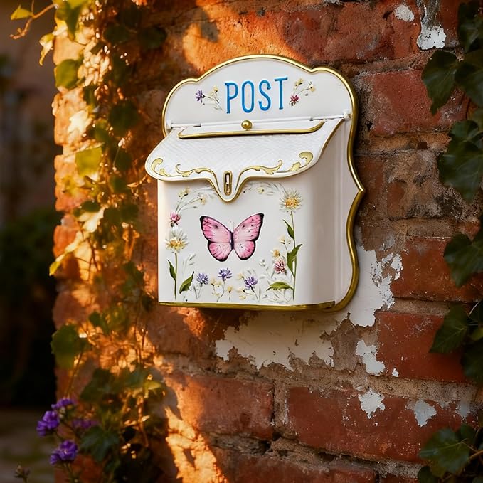 Mailbox Wall Mount Mailboxes for Outside Vintage Mail Boxes for House Outside Metal Drop Box Antique Style Nostalgic Charm Home Decorative Butterfly Pink