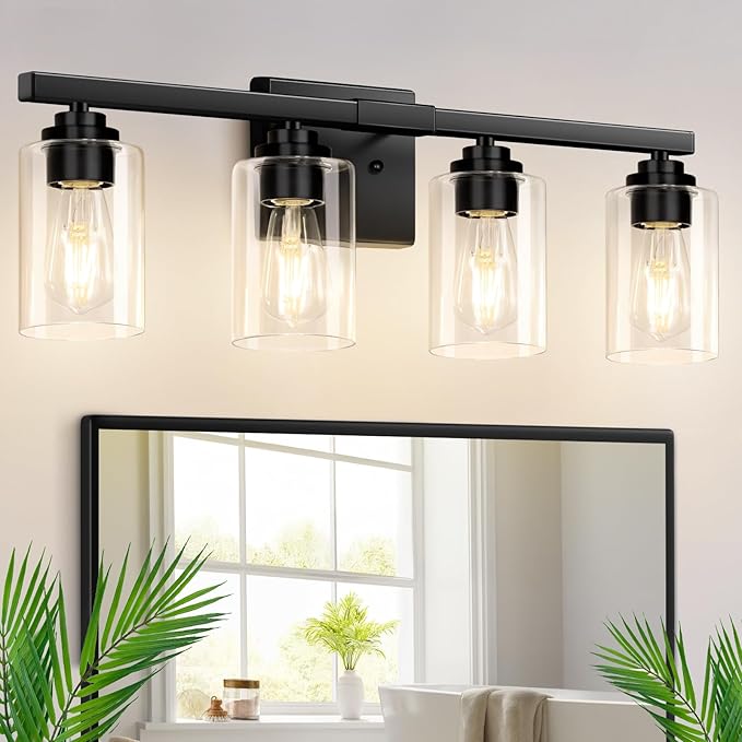 4-Light Bathroom Light Fixtures, 27" Modern Vanity Lights Over Mirror with Clear Glass Shades, Matte Black Light Fixture, Classic Wall Light Fixture for Mirror Living Room Cabinet Bedroom Porch