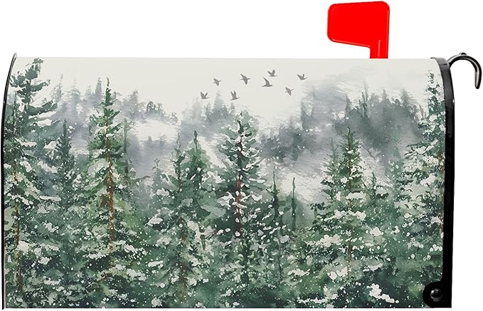 Kawani Winter Watercolor Tree Mailbox Covers Magnetic Christmas Green Pine Tree Forest Mail Box Post Letter Box Cover Standard Size 21x18 Inch for Xmas Holiday Outdoor Garden Yard Decor