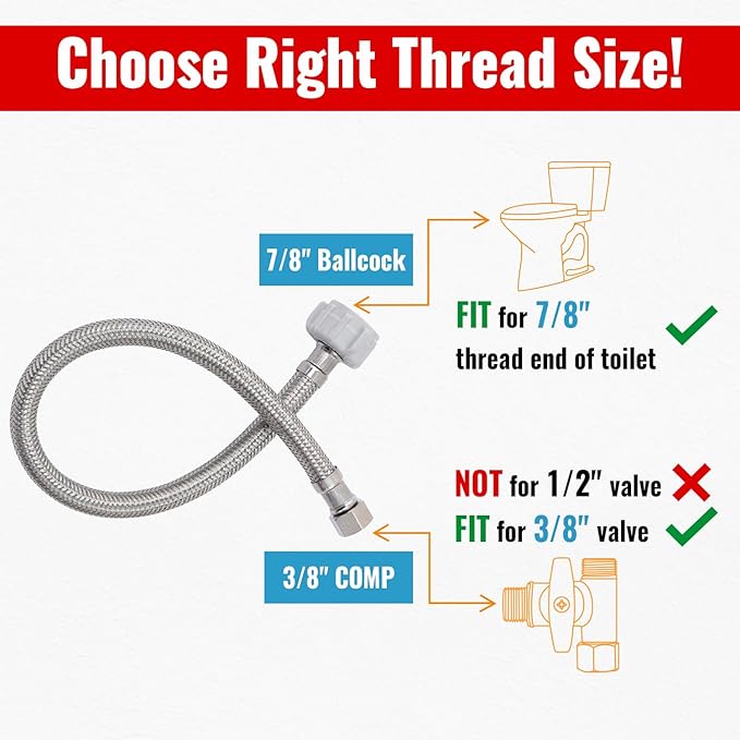 SUNGATOR 12'' Toilet Water Supply Line, 7/8" Ballcock x 3/8" Compression Toilet Hose Connector, 12 Inch Braided Stainless Steel Water Supply Line with 1 Wrench and Sealing Tape (2 Pack)