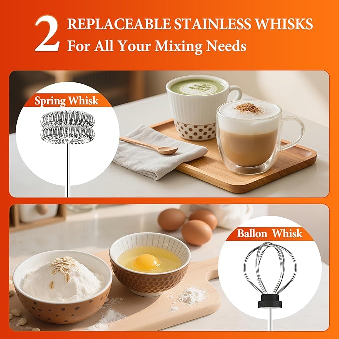 Milk Frother, Rechargeable & Handheld Frother Wand with stand, 3 Speed Adjustable Drink Mixer With 2 Stainless Whisks for Coffee, Matcha, Cappuccino, Egg, Electric Whisk Foam Maker (Black)