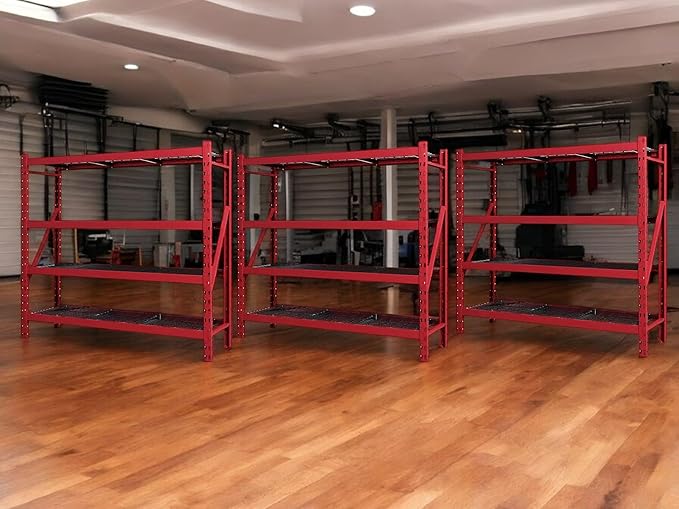 Heavy Duty Member Mark 4-Shelf Industrial Storage Rack, 77" W x 24" D x 72" H (Red, 3 Pack)