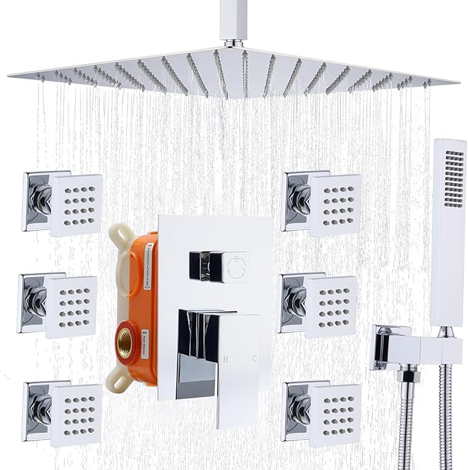 Enga Shower Body Jet System 12 Inch Ceiling Mounted Rainfall Shower Head with 6 Body Sprays and Handshower, Brass Shower Faucet Rough-in Mixer Valve, Chrome