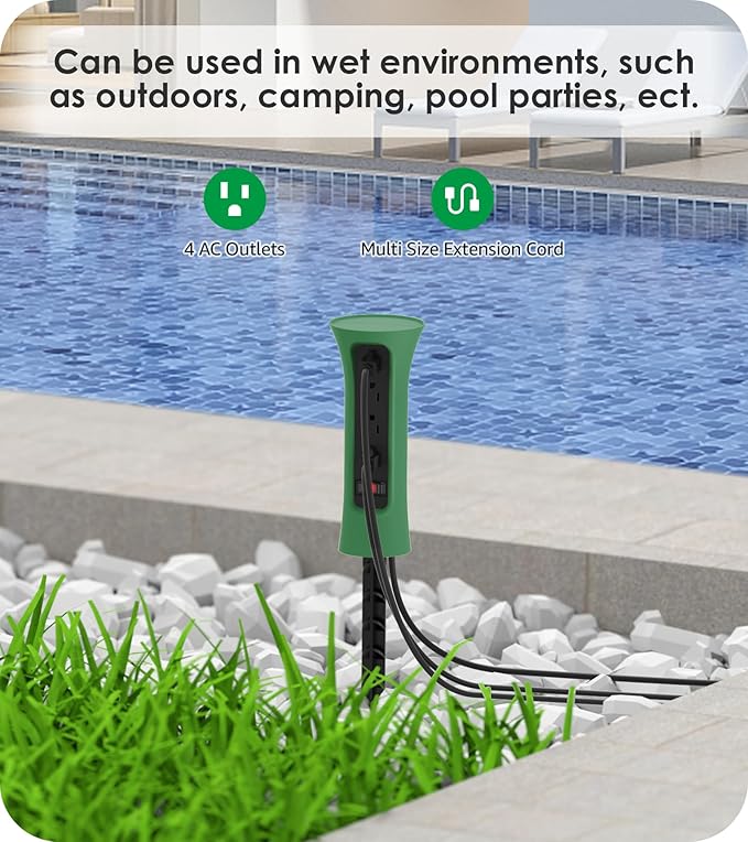 CCCEI Outdoor Power Strip Weatherproof with Stake, Waterproof Extension Cord with Multiple Outlets, Christmas Exterior Garden Decor, Yard, Camping, 4 Plugs, Surge Protector 10FT, Green.