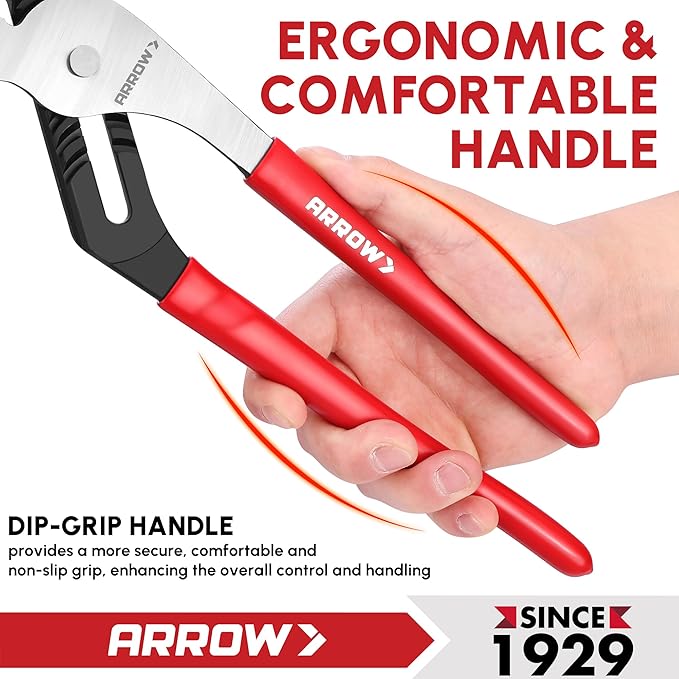 ARROW 2-Piece Groove Joint Pliers Set, Adjustable Water Pump Pliers Set (8" & 12") with 5 & 7 Jaw Positions, Serrated Jaws and Comfort Dip-grip Handle, for Plumbing Repair and Home Maintenance