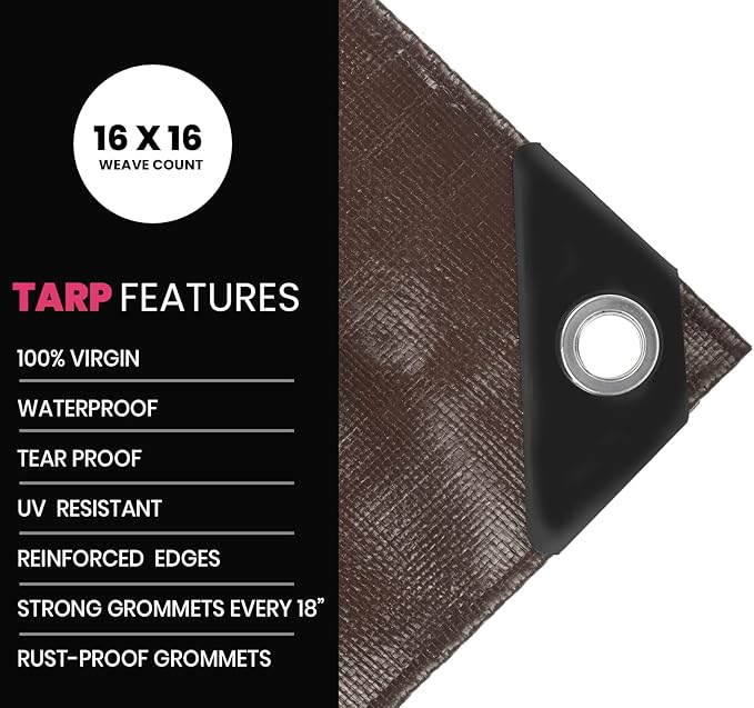 PROTARP Extreme Heavy Duty 22 Mil Tarp Cover, Waterproof, UV Resistant, Rip and Tear Proof, Poly Tarpaulin with Reinforced Edges for Roof, Camping, Patio, Pool, Boat. (Brown/Black 30′ X 50′)