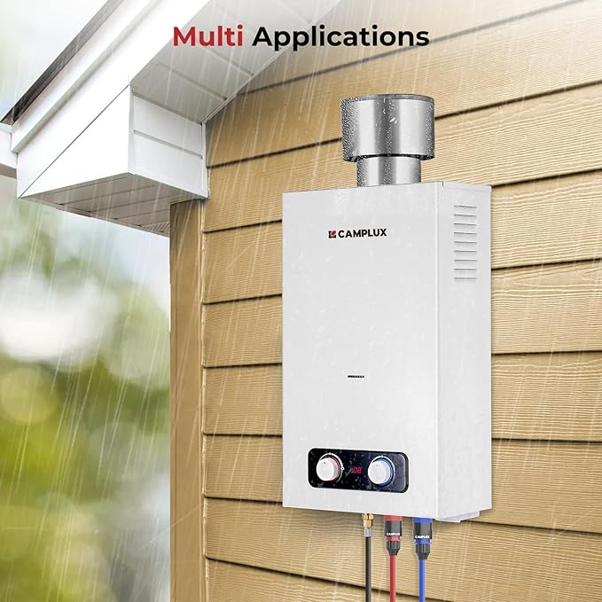 CAMPLUX 2.64 GPM Portable Tankless Water Heater, Outdoor Propane Water Heater with 4.33" S/S Rain Cap, for Camping, Cabin, Windproof Design, 68,000 BTU, BD264C