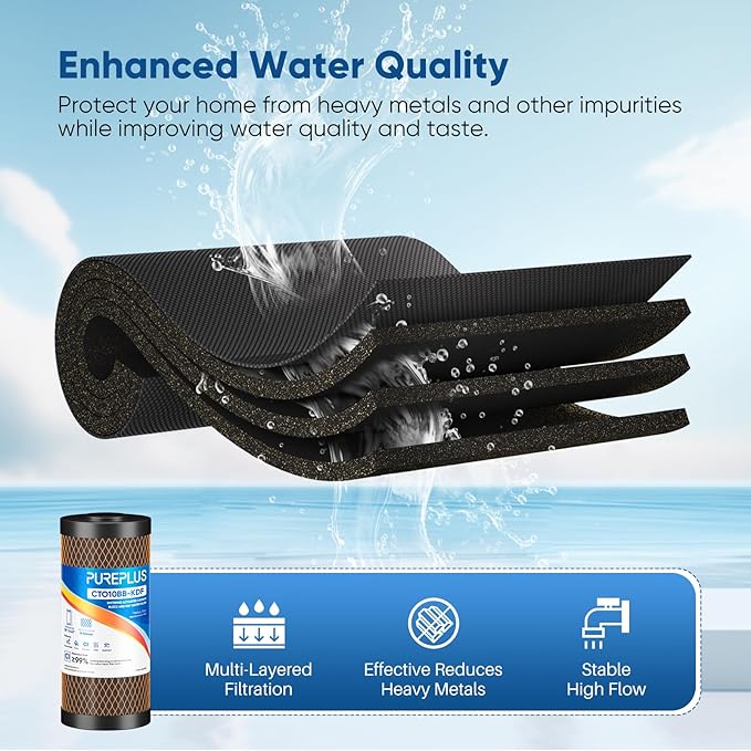 PUREPLUS 5 Micron 10" x 4.5" Whole House Coconut Shell Activated Carbon and KDF Water Filter, Heavy Metal Removal Replacement Water Filter, Compatible with GXWH40L, GXWH35F, BB10, CTO10BB-KDF, 2 PACK