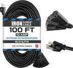 Iron Forge Cable 100 Ft Black Extension Cord with 3 Outlets - 16/3 SJTW 100 Foot Extension Cord 3 Prong, Weatherproof Exterior Power Cable for Outdoor