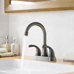 Bathroom Sink Faucet FRANSITON 4 Inch 2 Handle Lead-Free Brushed Grey Bath Sink Faucet with Pop-up Drain Stopper and Supply Hoses