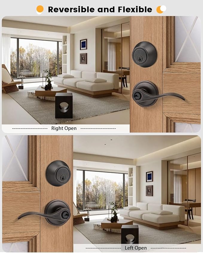 Gobrico Entry Door Handle and Single Cylinder Deadbolt Combo Locksets in Oil Rubbed Bronze, 5 Pack Keyed Alike Door Lever with Wave Style for Exterior/Front Doors