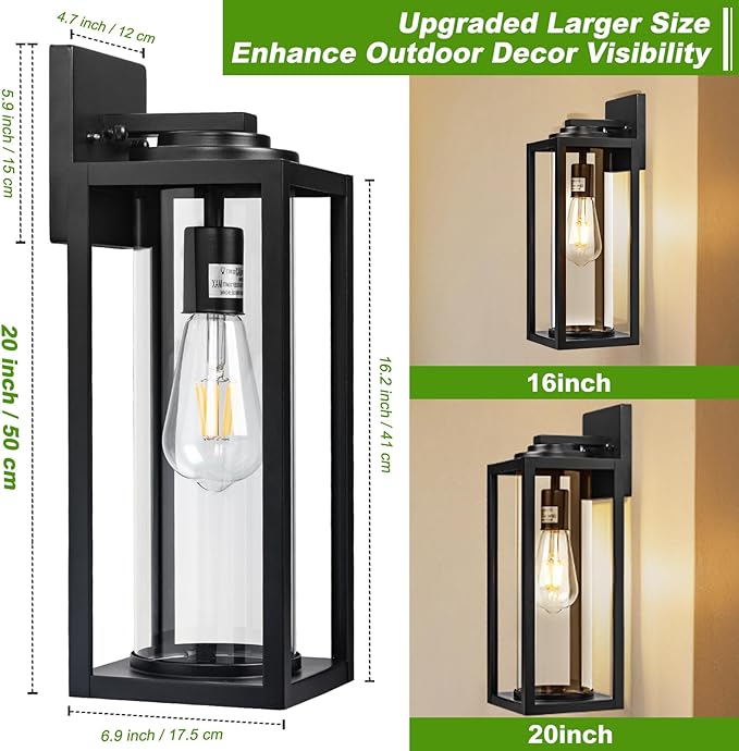 20inch Large Outdoor Wall Lights - 2 Packs Modern Black Exterior Light Fixture with Clear Glass Shade, Waterproof Porch Lighting for House, Farmhouse Sconces Lantern for Front Door, Garage