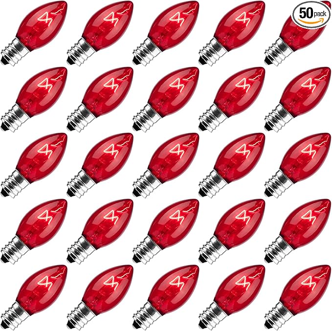 50-Pack C7 Replacement Christmas Light Bulbs, C7 Commercial Grade Incandescent Light Bulbs for Outdoor Indoor Holiday Christmas String Lights, E12 Candelabra Base, 5 Watt