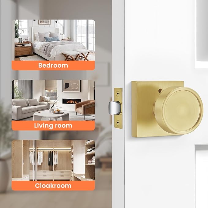 Haidms Gold Door Knobs Interior, Zinc-Alloy Heavy Duty Round Brushed Gold Privacy Door Knobs for Bedroom Modern Bathroom Interior Door Lock Bulk(2 Pack)