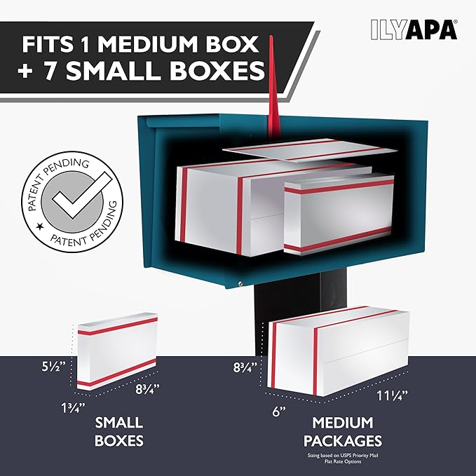 Ilyapa Modern Mailbox for Outside Post Mount - Blue Powder Coated Metal Mailbox, Waterproof Letter Box for Parcels, Recessed Magnetic Close Door