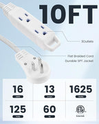 SURAIELEC 10FT 360° Rotating Flat Plug Extension Cord Flat Wall Plug with 3 Outlets, Braided Flat White Extension Cord for Indoor Use, Home, Office, 16/3C SPT, ETL Listed