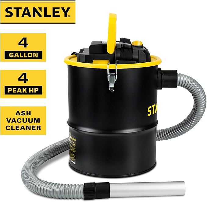 STANLEY Ash Vacuum Cleaner, Portable 4 Gallon Capacity Ash Vac Canister, Powerful 4 Peak HP Horsepower Motor, Ideal for Pellet Stoves, BBQ Grills, Wood Stoves, Fireplaces, Fire Pits, SL-18184
