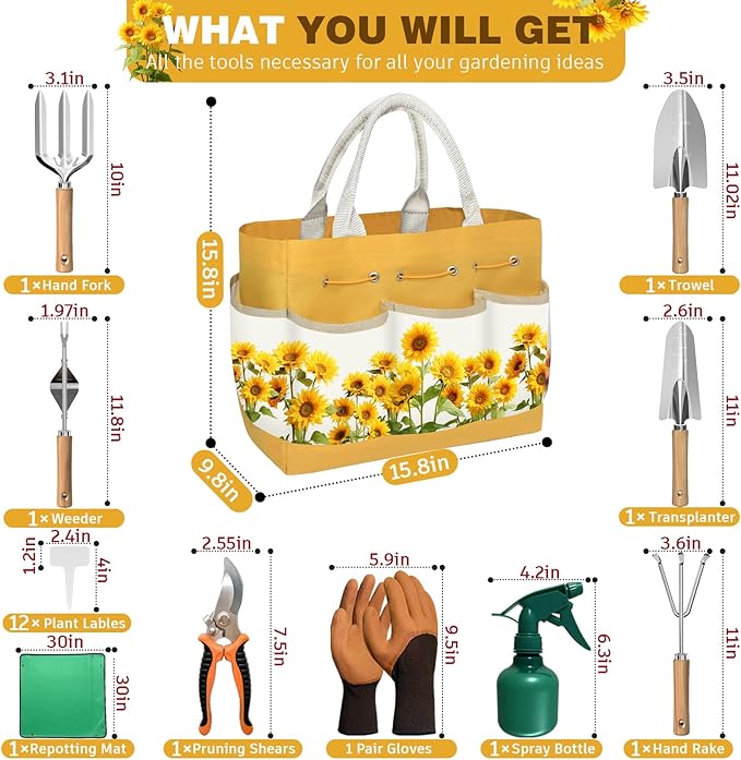 22Pcs Gardening Tools Set for Women Heavy Duty Garden Hand Tool Kit Gifts for Mom Beginner Gardener Gardening Accessories with SunflowerTote Bag/Shovel/RepottingMat/Plant Labels/Gloves-Yellow