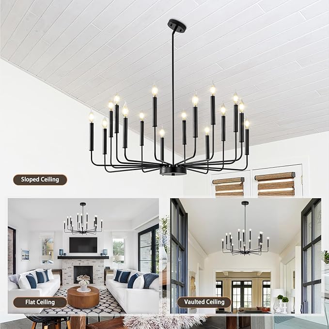 Qamra Farmhouse Black Chandelier for Dining Room, 16-Light Modern Candle Chandelier Light Fixture, Rustic Industrial Hanging Chandeliers Lighting for Living Room, Kitchen, Staircase, Entryway