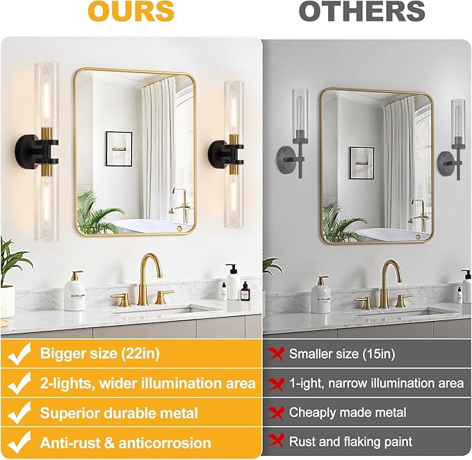 Black and Gold Wall Sconce, Bathroom Sconces Wall Lighting with Clear Glass, Modern Sconces Wall Light fixtures for Bathroom Mirror Living Room Hallway Bedroom