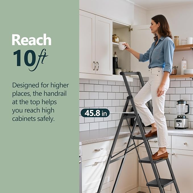 WOA WOA 5 Step Ladder, Foldable Ladder with Wide Pedals and Handle, Sturdy Ladders for Home and Kitchen with Anti-Slip Feet, Supports up to 330 lbs - Black