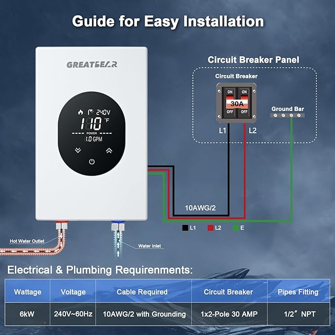 Electric Tankless Water Heater, GREATBEAR 6KW On Demand Water Heater Electric 240V, Point of Use Instant Hot, With Self Modulating GT60W White