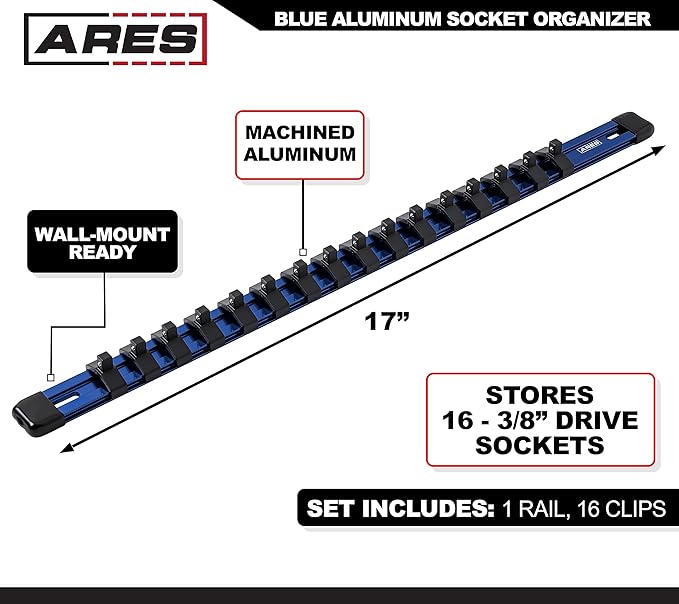 ARES 60043-3/8-Inch Drive Blue Aluminum Socket Organizer - Store up to 16 Sockets and Keep Your Tool Box Organized - Sockets Will Not Fall Off this Rail