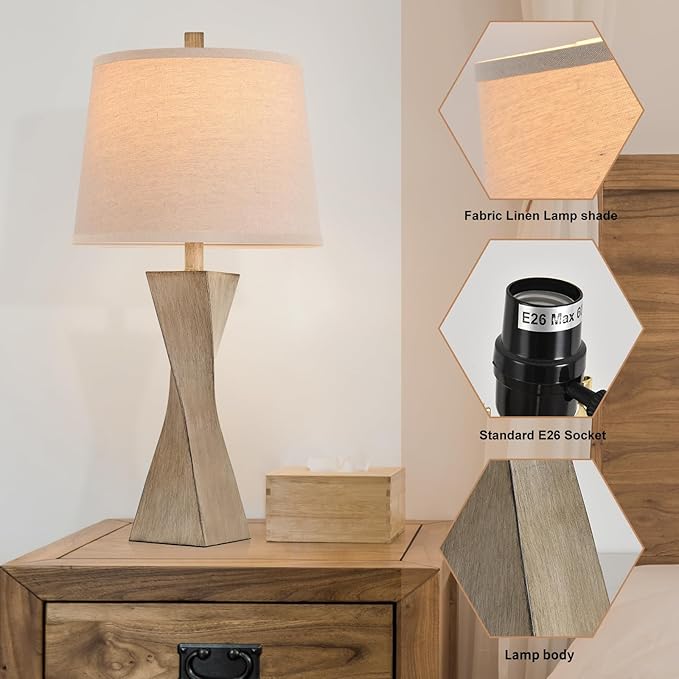 Bedside Lamps Set of 2 Unique Modern Vintage Table Lamp Rustic Farmhouse Desk Lamps for Living Room End Tables Bulb Not Included, Linen Shade, 26.5 in,Grey