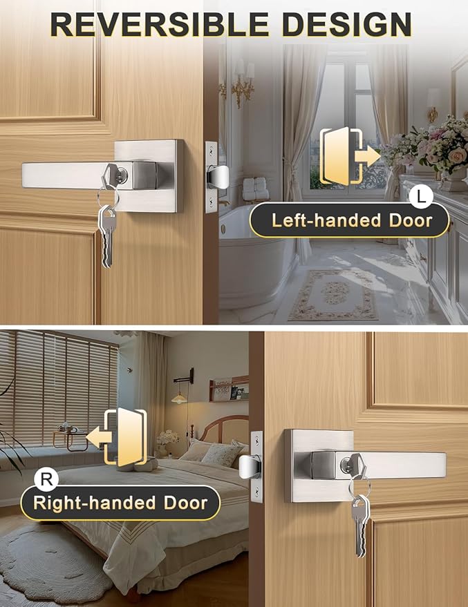 2 Pack Square Entry Door Levers with Lock and Key, Brushed Nickel Entrance Door Handles, for Exterior or Interior Doors, Bedroom, Office, Hotel (Each with 3 Keys)