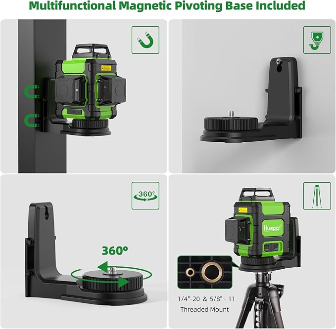 Huepar Laser Level 3 x 360 Self Leveling Laser Level Tool 3D Cross Line Leveling and Alignment Laser Tool, Li-ion Battery with USB-C Charging Port & Hard Carry Case & Tape Measure Included - HM03CGTP