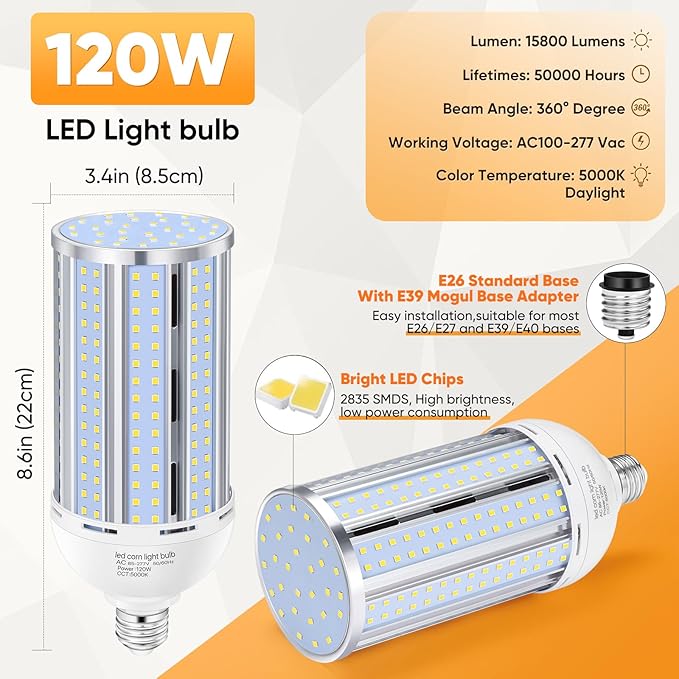 3 Pack 120W Corn LED Light Bulb Fanless,5000K Daylight(1200 Watt Equivalent) E26/E39 Large Mogul Base LED Cob Lamp 15,800LM for Outdoor Indoor Garage Warehouse Factory Workshop Street Backyard