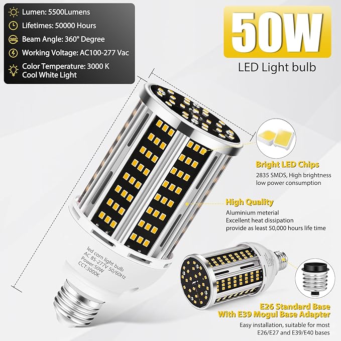 50W 6 pack LED Corn Light Bulb,3000K Warm White 6500LM(500W Equivalent ) Commercial GradeE26/E39 Medium Mogul Base LED Lamp,Large Area Lights For Outdoor Indoor Garage Warehouse Factory Bay Light