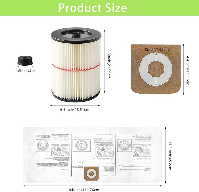 MZY LLC 1 Pack 17816 Filter for Craftsman Shop Vac Filter Cartridge Replacement with 2 Pack CMXZVBE38749 General Purpose Dust Collection Bags for 16 and 20 Gallon Shop Vacuums