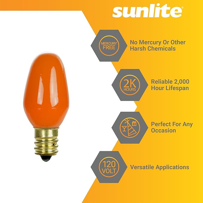 Sunlite 01057 7C7 Incandescent Bulb, 7 Watt, Candelabra E12 Base, C7 Small Night Light, Colored Bulb, Orange, 12 Count