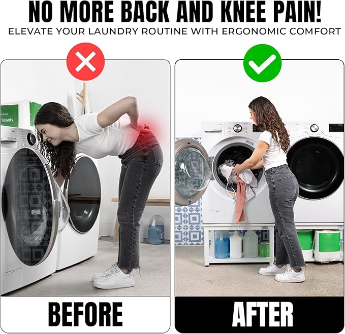 Washer and Dryer Pedestals - 24" W, 16" H, White Steel Universal Fit with Major Brands, Leak-Proof Laundry Pedestal with Drain Pan & Hose, Washer and Dryer Stand for Back Pain Relief, 800 lbs Capacity